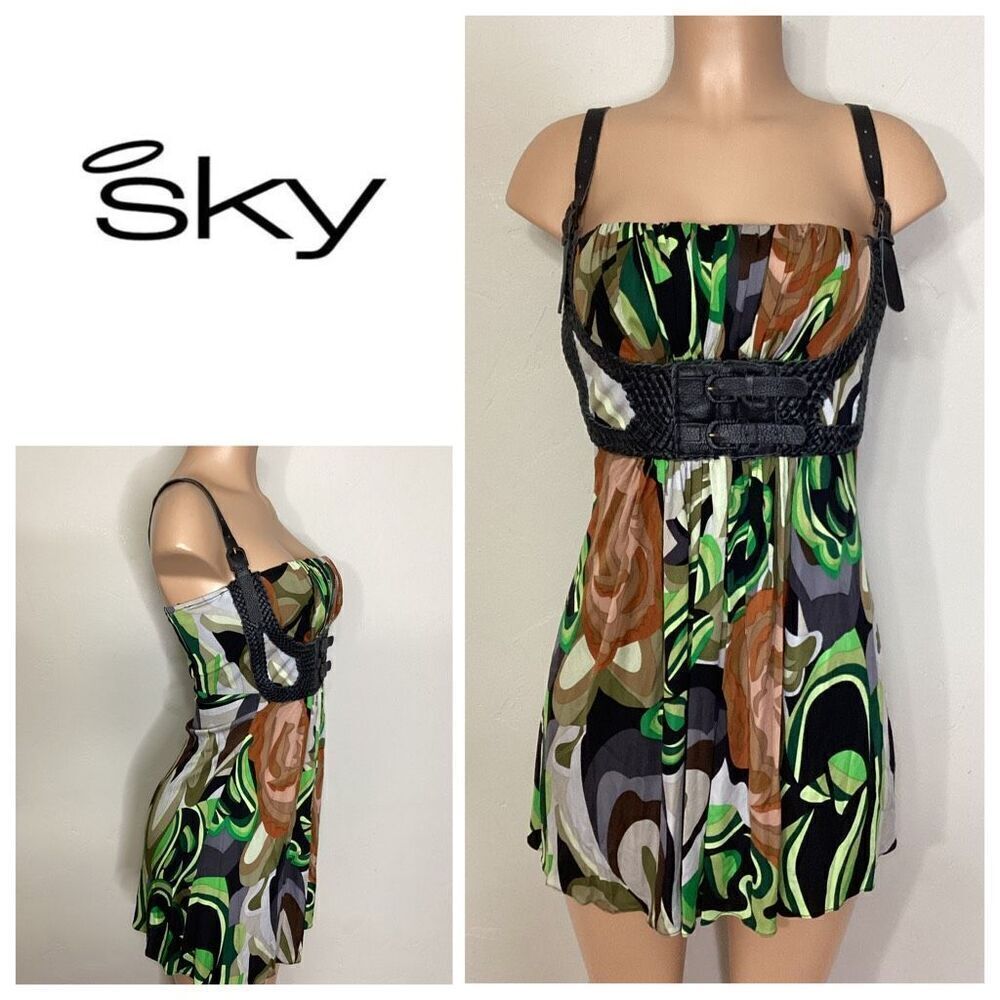 New. SKY silk and leather dress. Size L. Retails $215